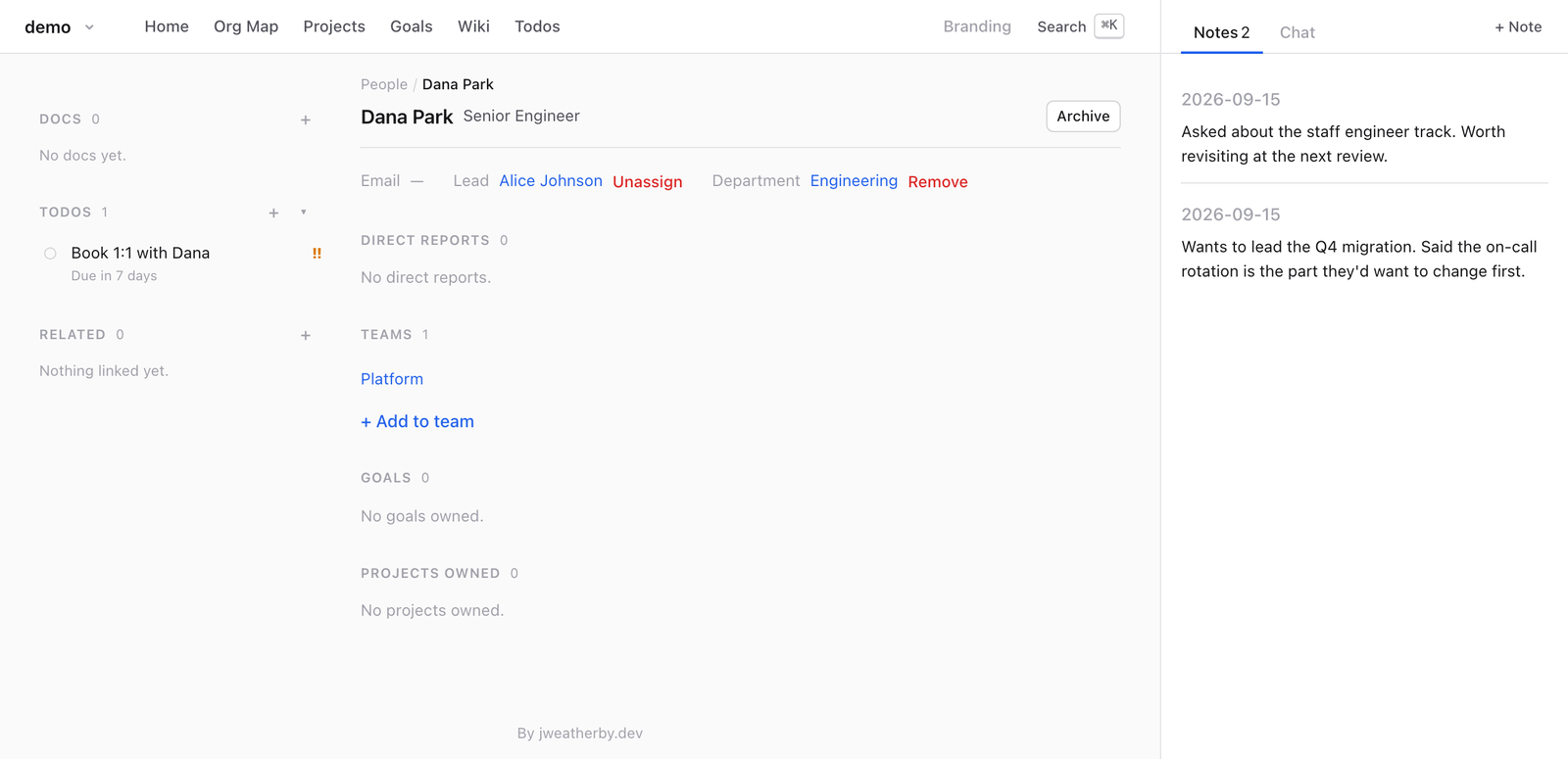Dana’s page: lead, department and team, an open todo in the sidebar, notes in the right panel.